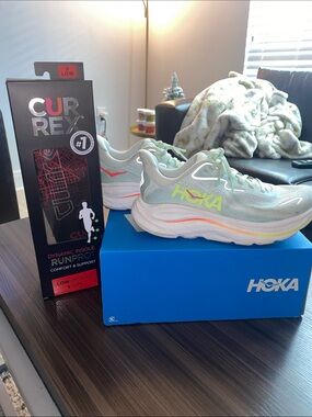 Hoka Pale Mint Sneakers with Neon Yellow and Coral Accents & CUR REX INSOLE